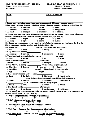 Đề khảo sát chất lượng giữa học kì II Tiếng anh lớp 7 - Năm học 2014-2015 - Phòng GD & ĐT Việt Yên